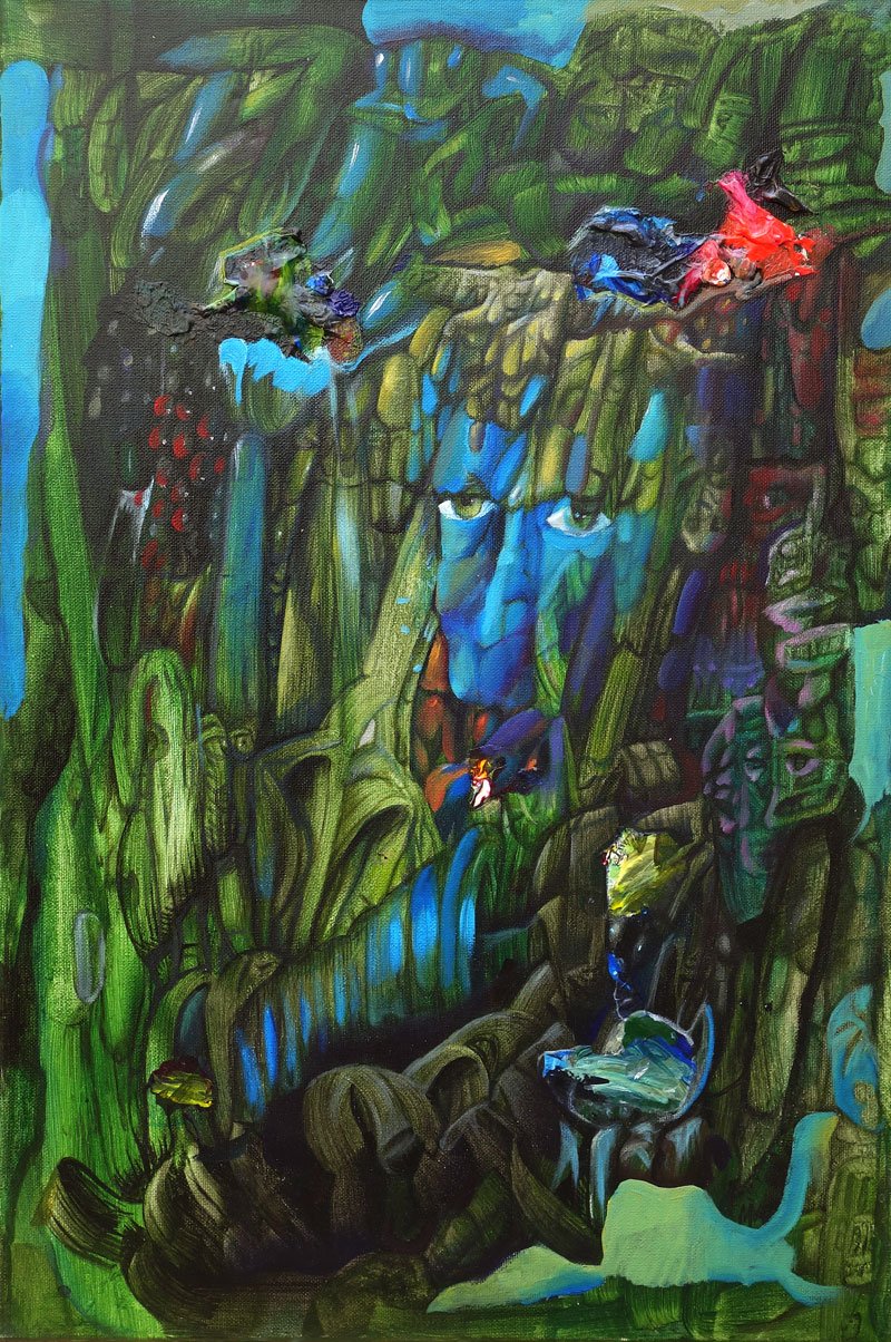 Father Cave surreal portrait on canvas in deep greens