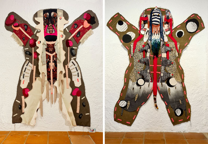 Fabric Hides, recycled textile wearable sculpture in a shape of an animal hide